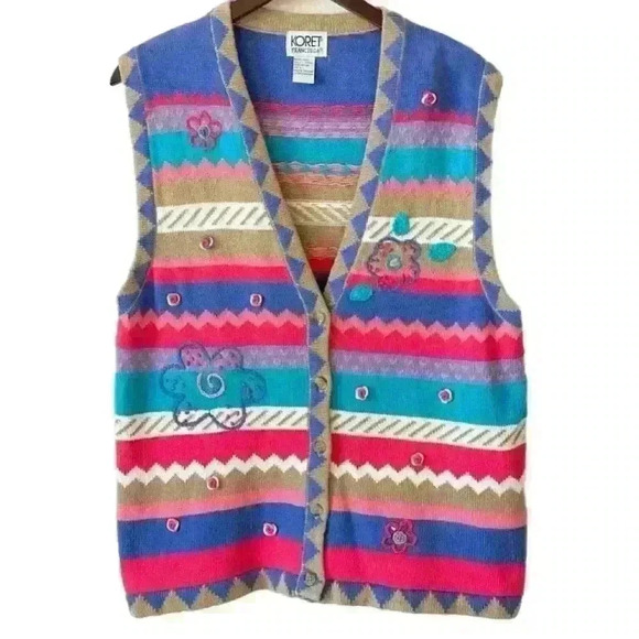 KORET Sweater Vest  Textured Embroidered Embellished Colorful Stripes Vintage sl - Picture 1 of 5